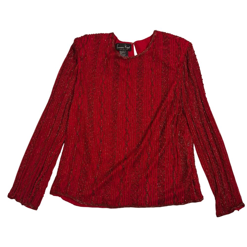 Vintage Laurence Kazar Women's 100% Silk Beaded Red Long Sleeve Blouse Size L